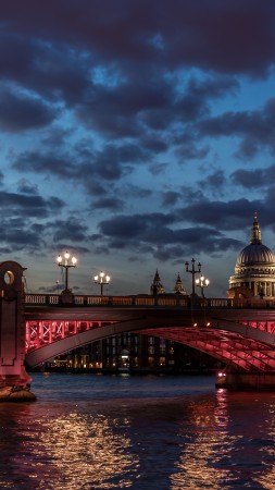 лондон, река, темза, вода, ночь, сумерки, небо, облака, закат, ночь, свет, путешествие (vertical)