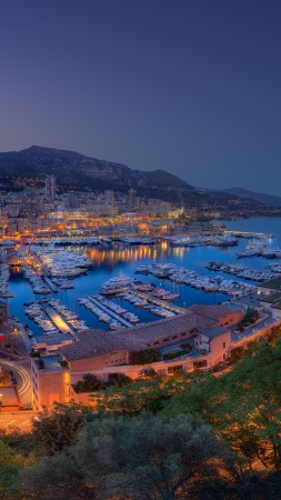 монако, принципалити, ночь, небо, свет, лодки, яхты, город, путешествие, море, океан, сумерки, дороги, гавань (vertical)