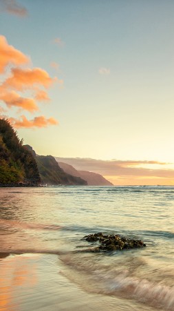 гаваи, 4k, HD, гавайи, пляж, остров, небо, облака, океан, море, вода, рассвет, закат, солнце, скалы (vertical)