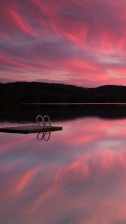 озеро, 4k, HD, море, розовый закат, рассвет, отражение, небо, облака (vertical)