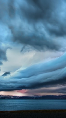 облака, 4k, HD, небо, остров, пляж, берег, океан, горы, шторм, синий (vertical)