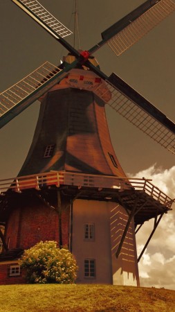 голландия, 4k, HD, мельница, ветер, поле, небо, трава, природа, облака, нидерланды (vertical)
