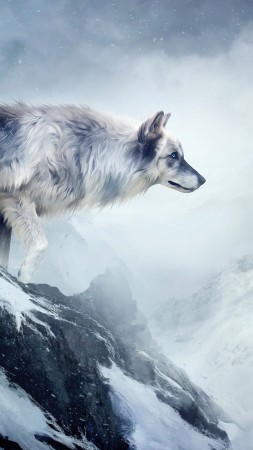 волк, 4k, HD, горы, девушки, животные, зима, рисунок, снег, фэнтези, арт (vertical)