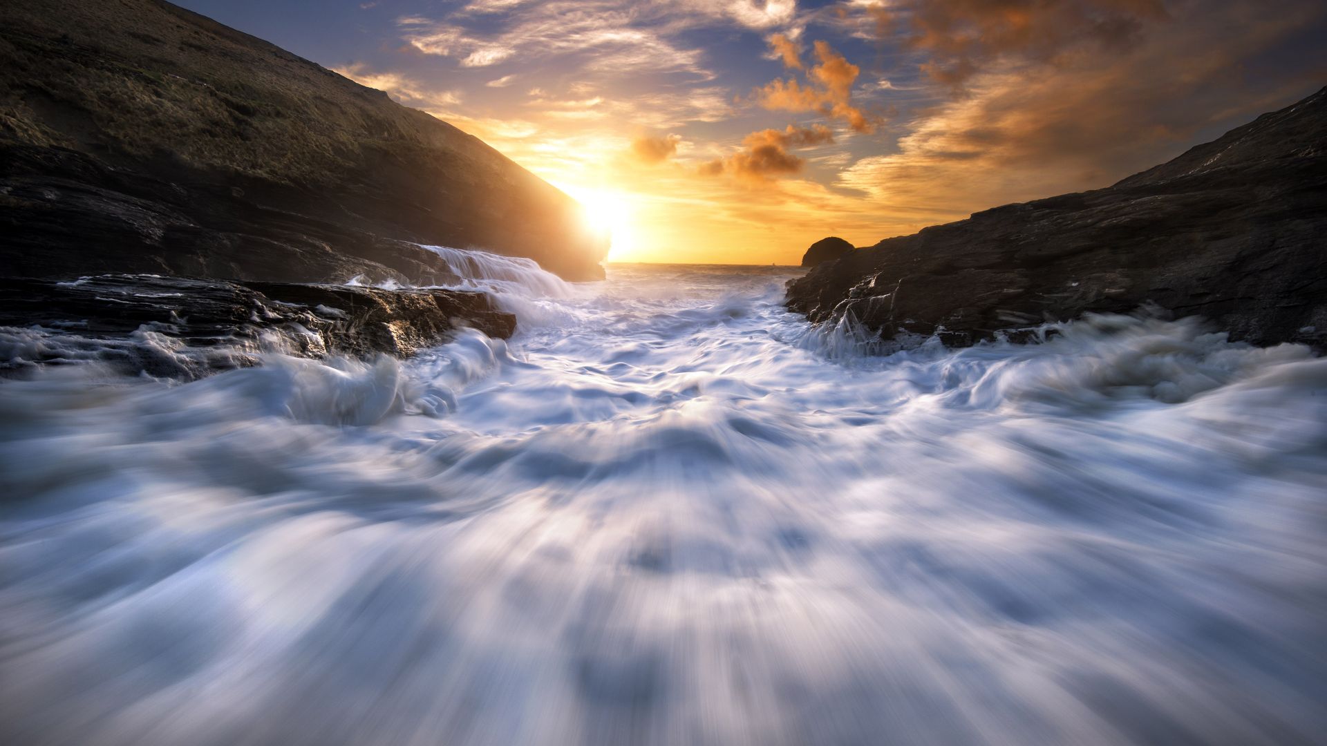 волна, 4k, HD, водопад, закат, tide, 4k, HD wallpaper, flow, stream, sunset (horizontal)