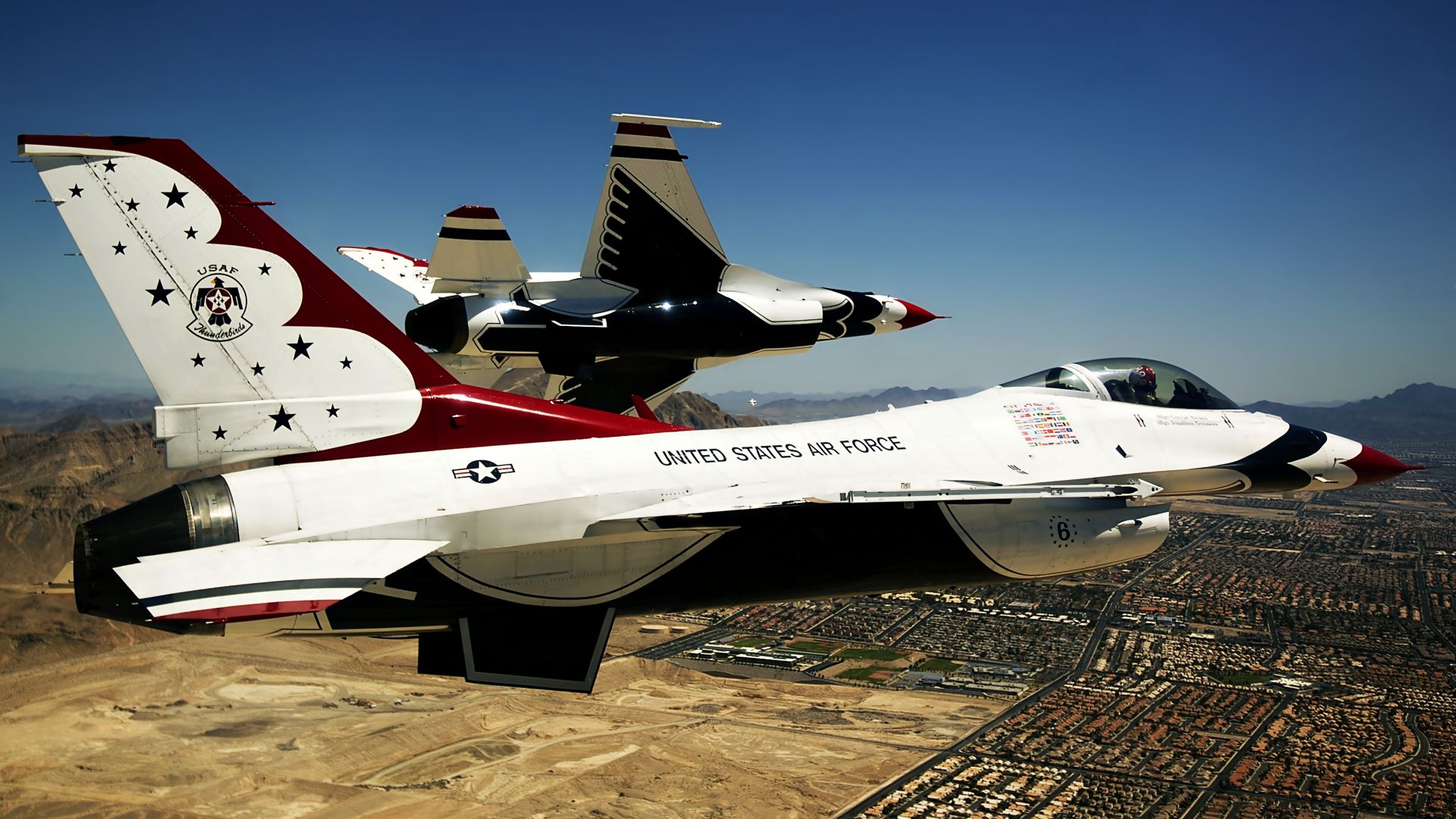 Thunderbird f-16, истребитель, армия Сша, ВВС США, Thunderbird f-16, fighter aircraft, U.S. Airforce (horizontal)
