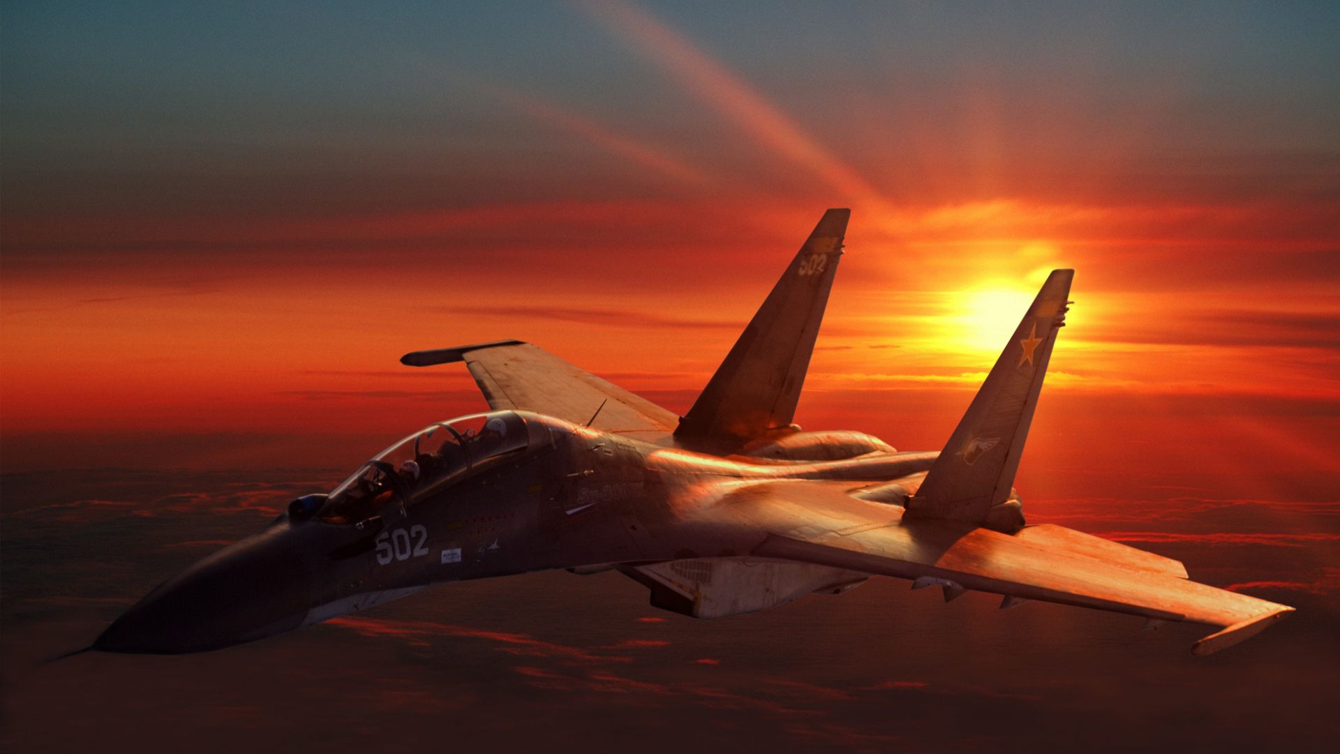 СУ-30, штурмовик, ВВС России, закат, армия России, Sukhoi Su-30, fighter aircraft, sunset, Russian Army (horizontal)