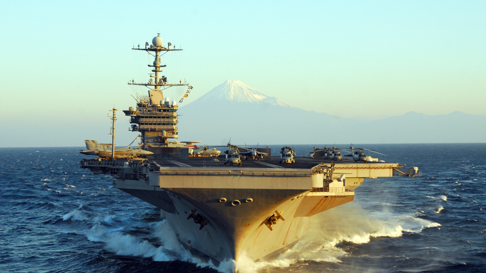 авианосец, Нимиц, Япония, USS George Washington, CVN-73, aircraft carrier, Nimitz class, U.S.Navy, mountain, Fuji Japan (horizontal)