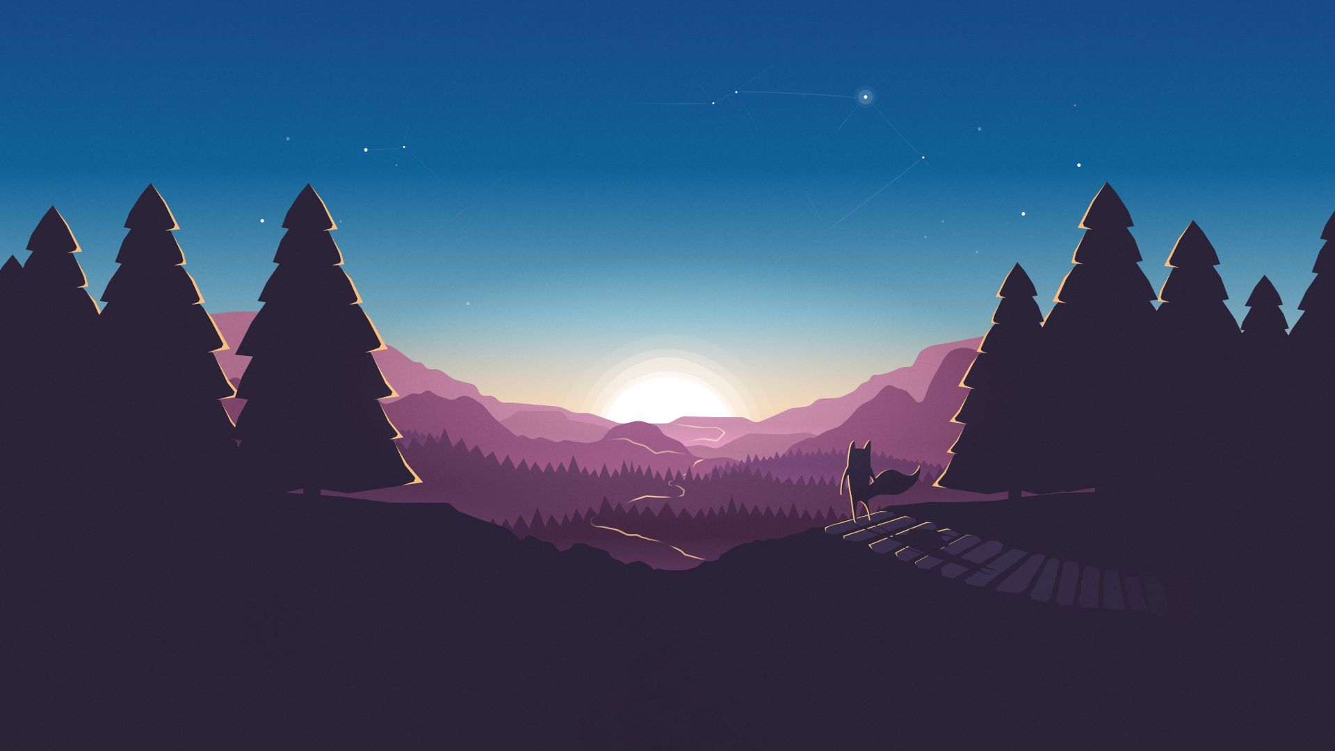 лес, закат, forest, sunset, fox, 4k (horizontal)