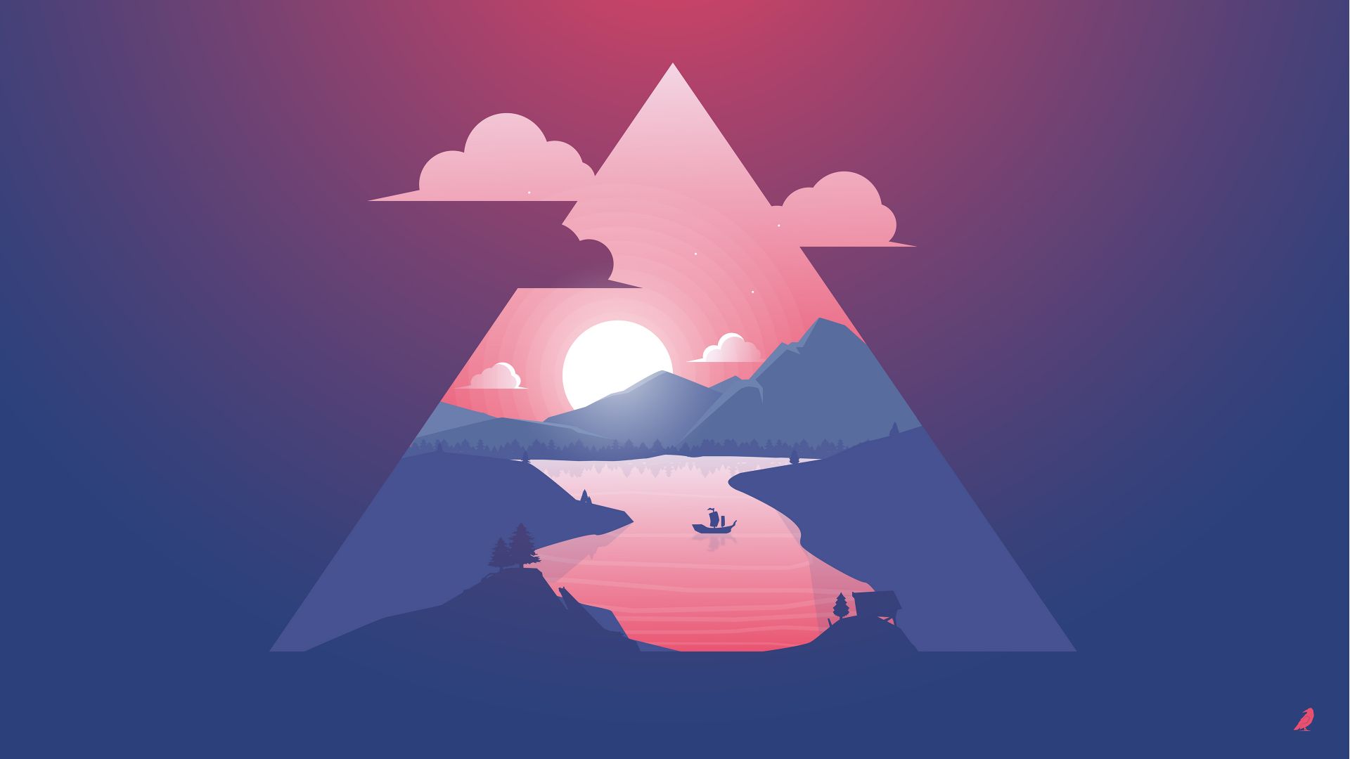 гора, солнце, река, mountain, sun, river, purple, triangle, 4k (horizontal)