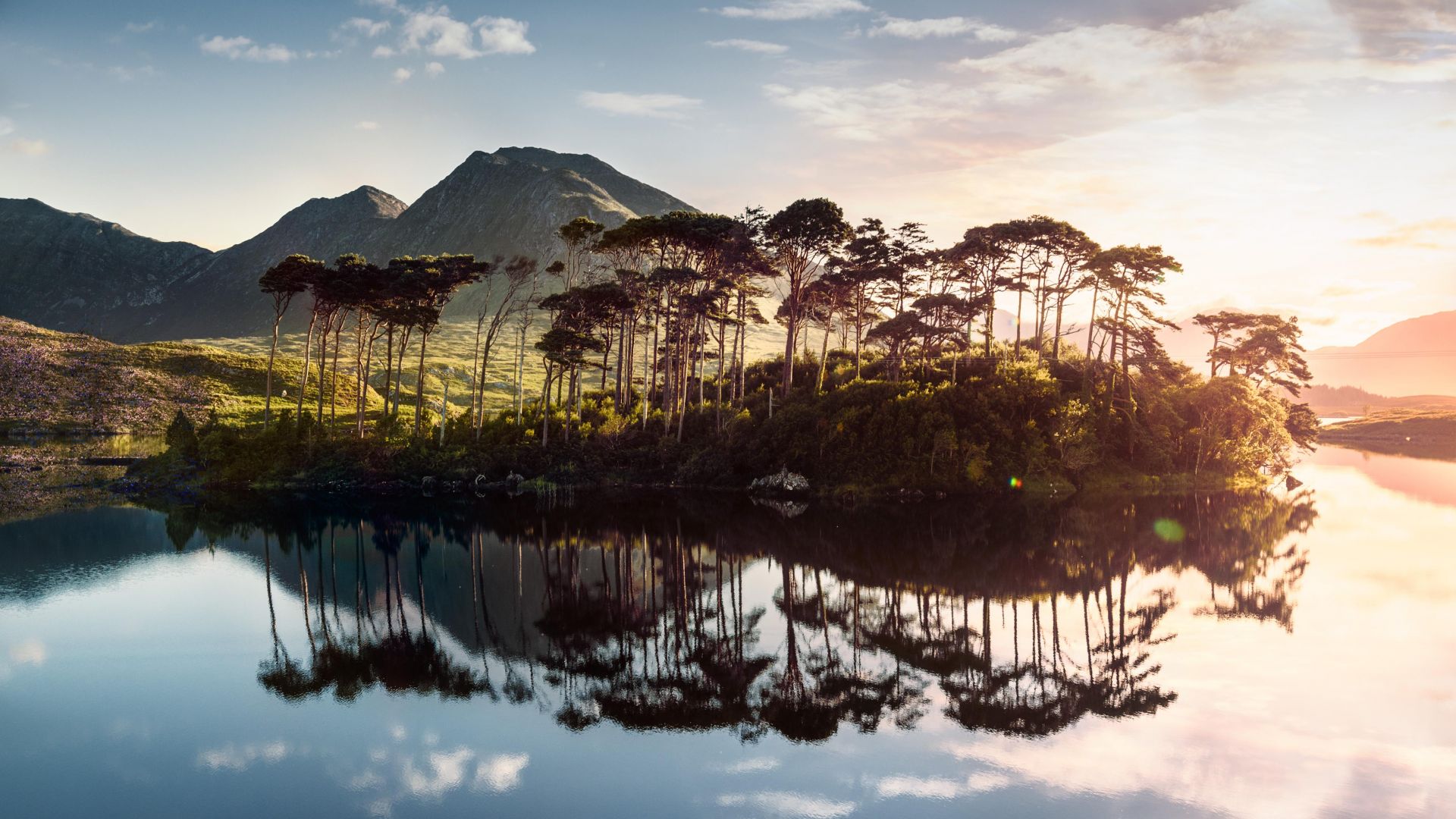 Ирландия, озеро, Ireland, lake, mountains, tree, sunrise, 4k (horizontal)