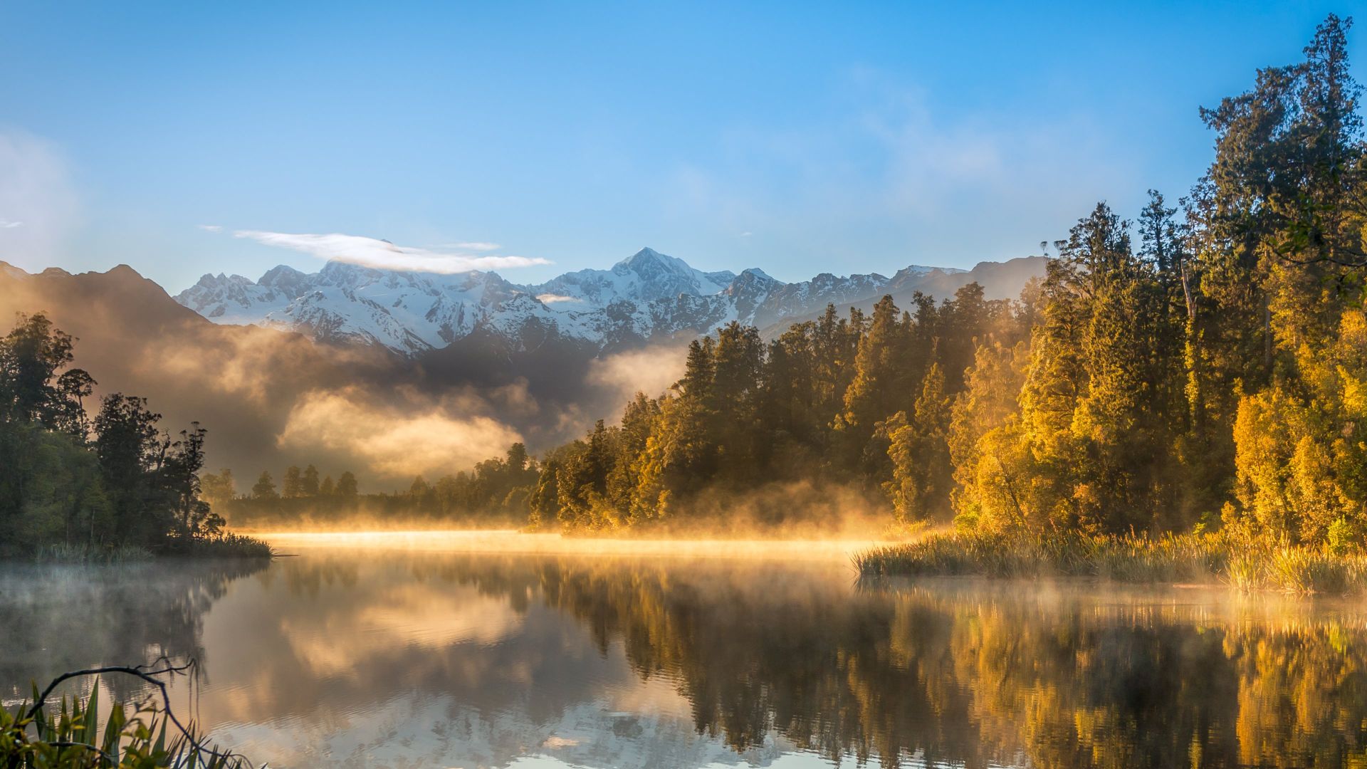 осень, лес, деревья, горы, озеро, autumn, fog, forest, lake, mountains, 4k (horizontal)