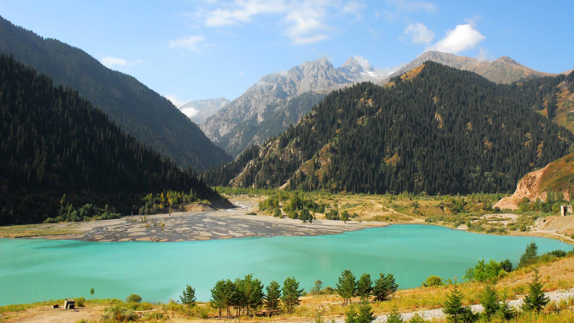 Озеро Иссык-Куль, Кыргызстан, горы, Lake Issyk-Kul, Kyrgyzstan, mountains, forest, 4k (horizontal)