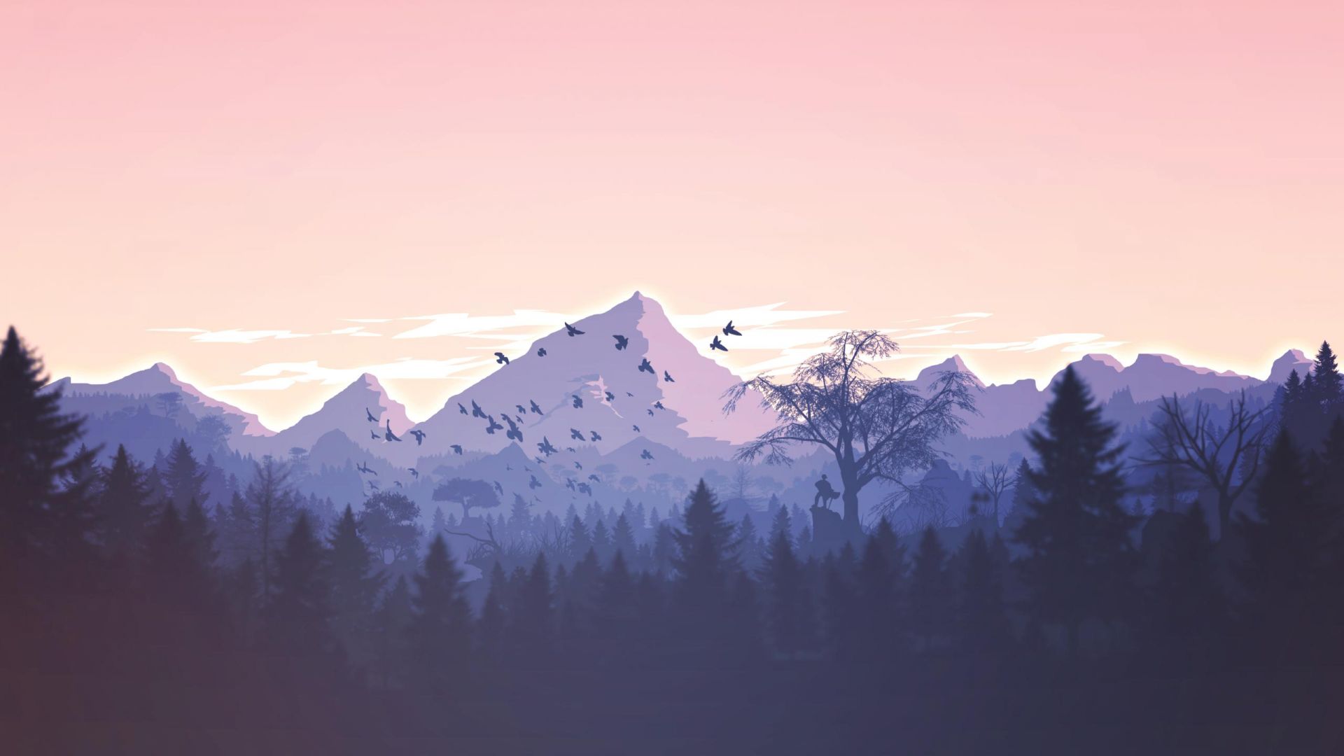 лес, горы, forest, mountains, violet, birds, art, HD (horizontal)