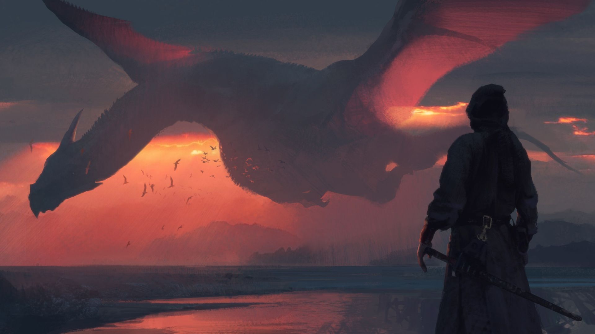 воин, закат, дракон, warrior, sunset, dragon, art, HD (horizontal)