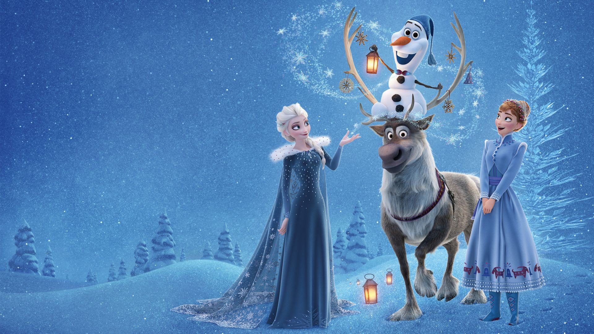 Олаф и холодное приключение, Olaf's Frozen Adventure, Elsa, Anna, winter, deer, snow, 4k (horizontal)