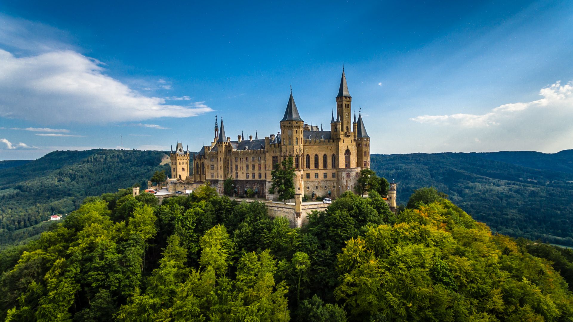 Замок Гогенцоллерн, Hohenzollern Castle, Germany, Europe, forest, sky, 4k (horizontal)