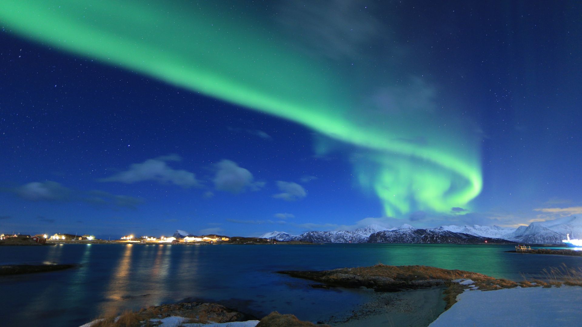северное сияние, зима, northern lights, Norway, lake, winter, 5k (horizontal)