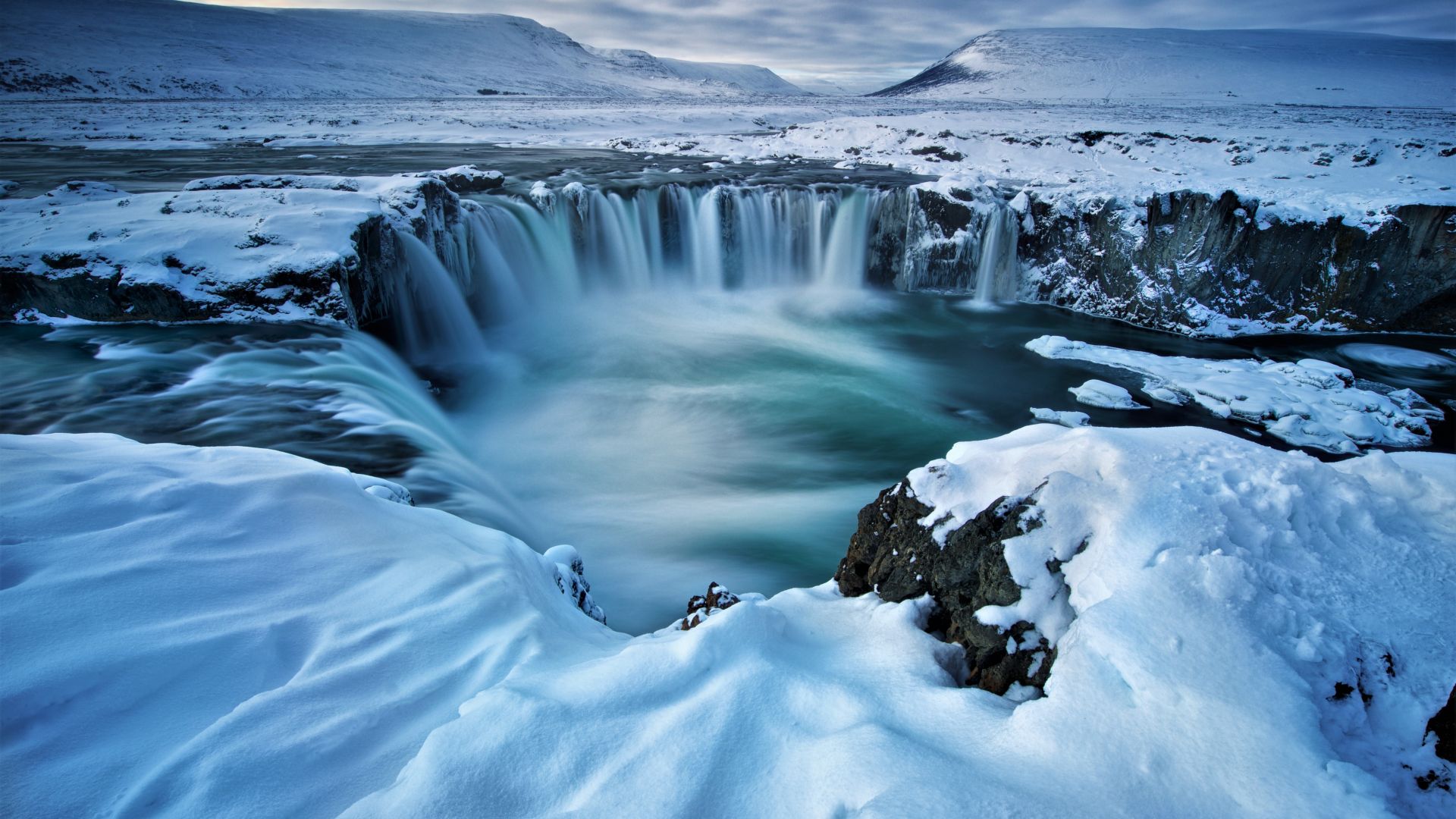 водопад, Godafoss, waterfall, winter, Iceland, 5k (horizontal)