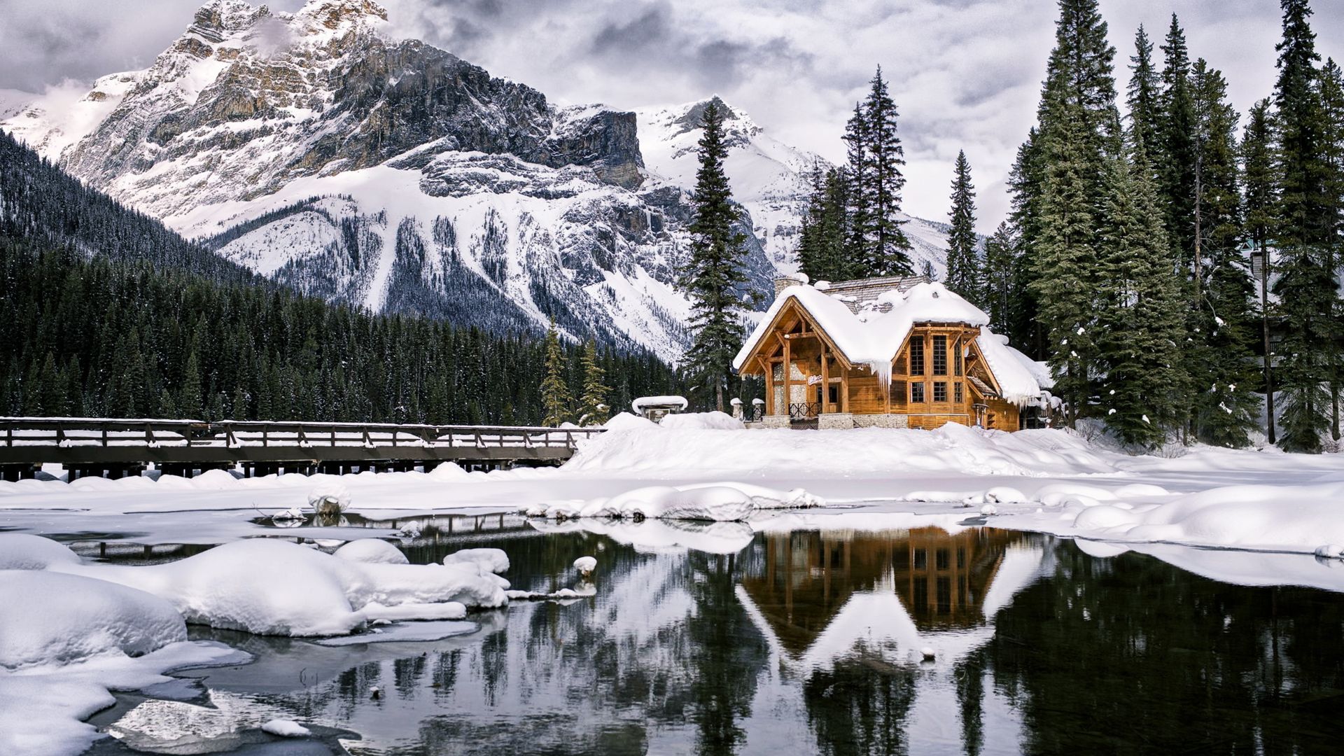 зима, mountains, house, lake, trees, winter, 4k (horizontal)