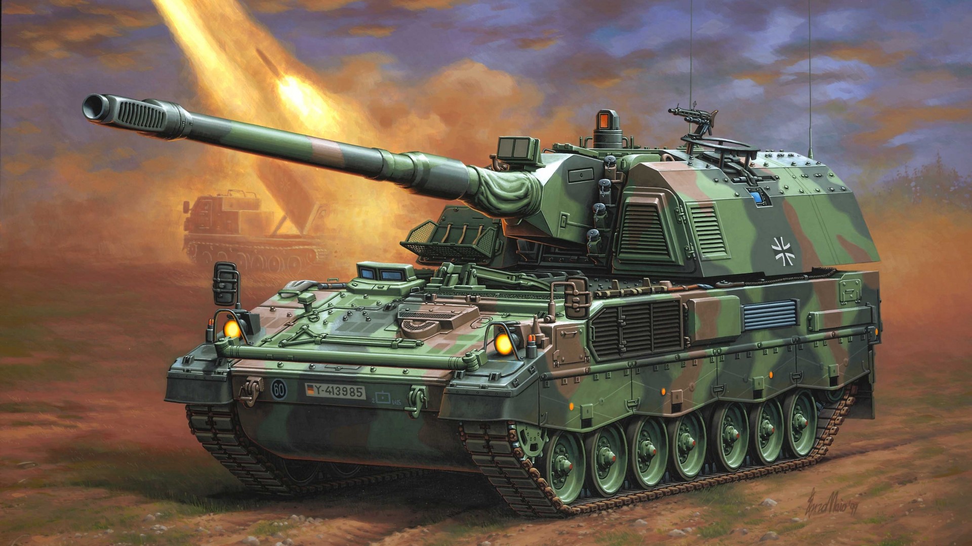 САУ, гаубица, артиллерия, рисунок, PzH 2000, howitzer, Panzerhaubitze, artillery, Bundeswehr, firing, art, painting (horizontal)
