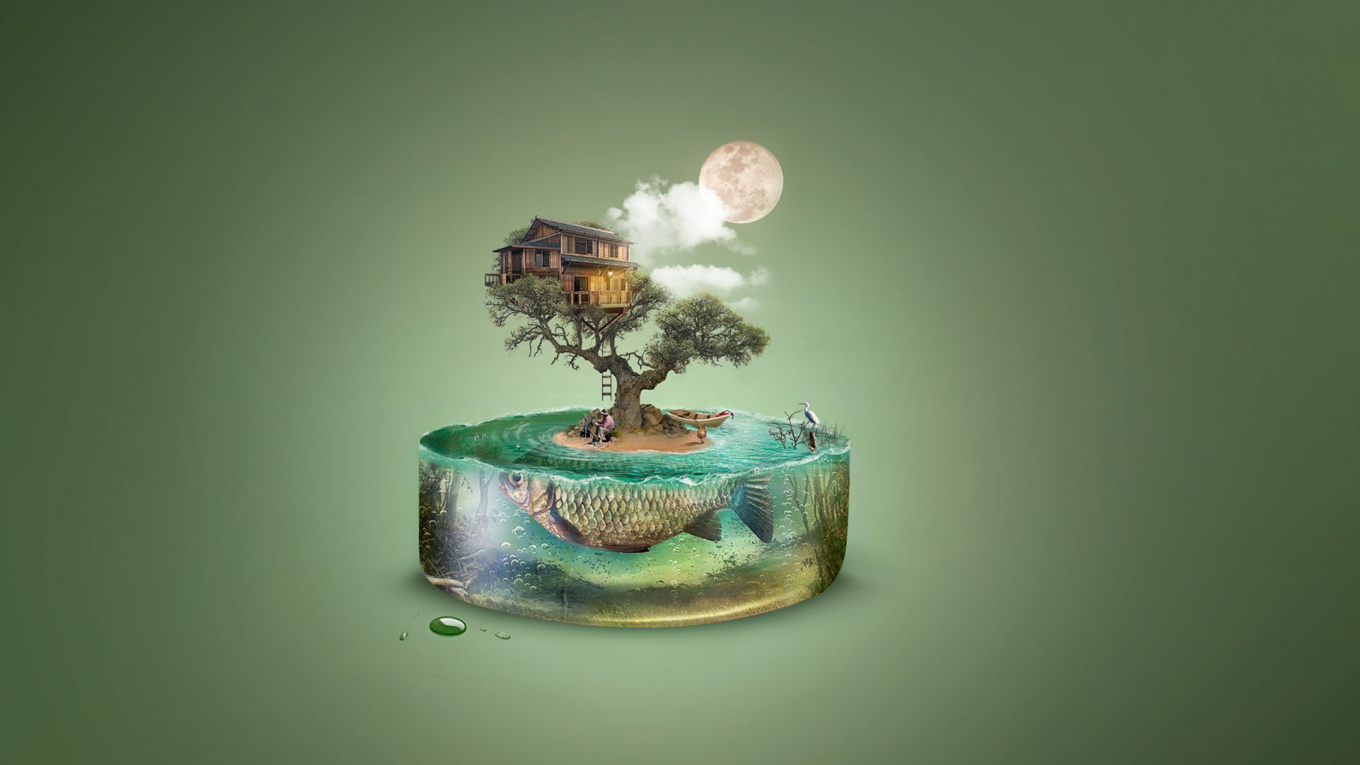 дерево, art, tree, fish, island, house, underwater, 4k (horizontal)