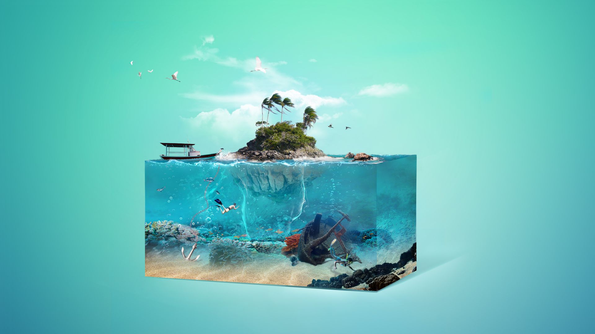 остров, art, palm, island, underwater, 4k (horizontal)