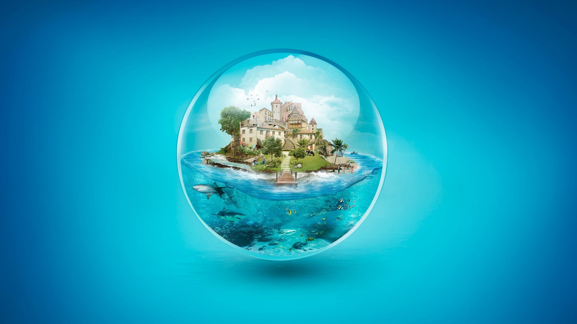 шар, ball, house, underwater, shark, 4k (horizontal)