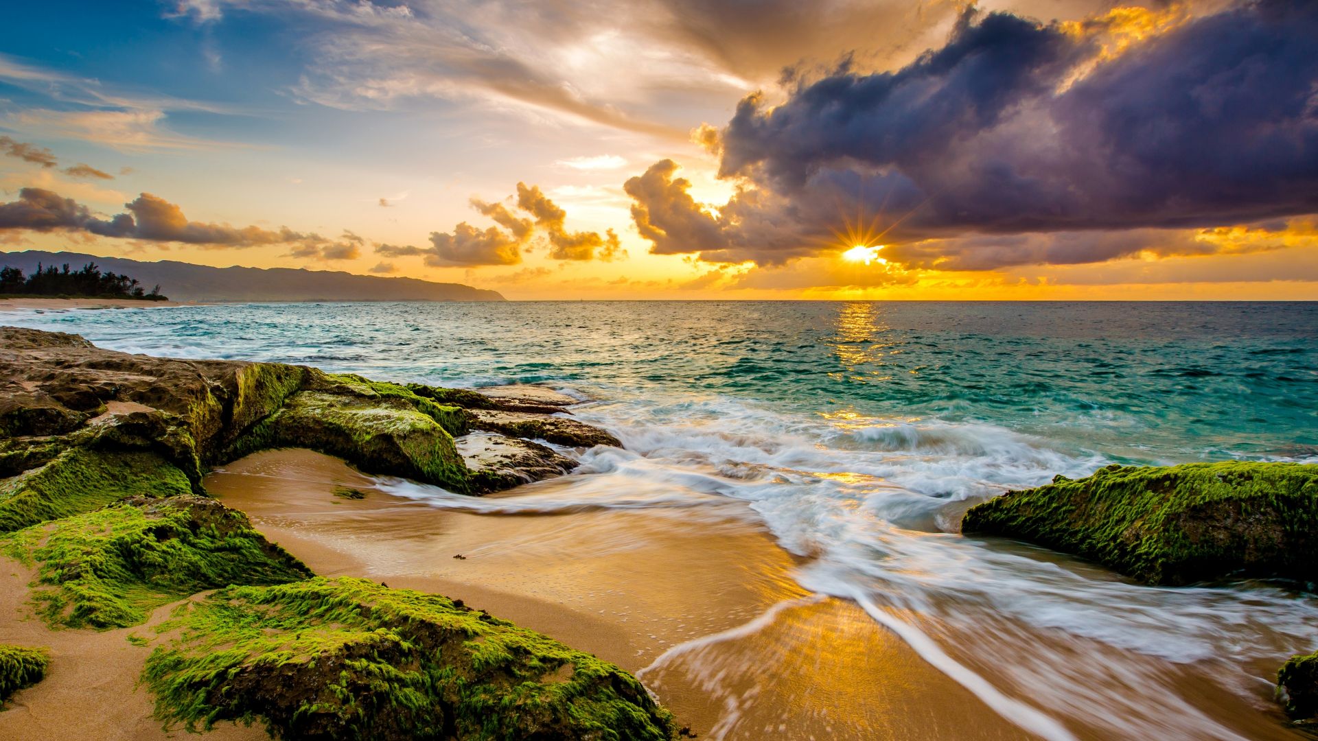 пляж, Hawaii, sunset, beach, ocean, coast, sky, 4k (horizontal)