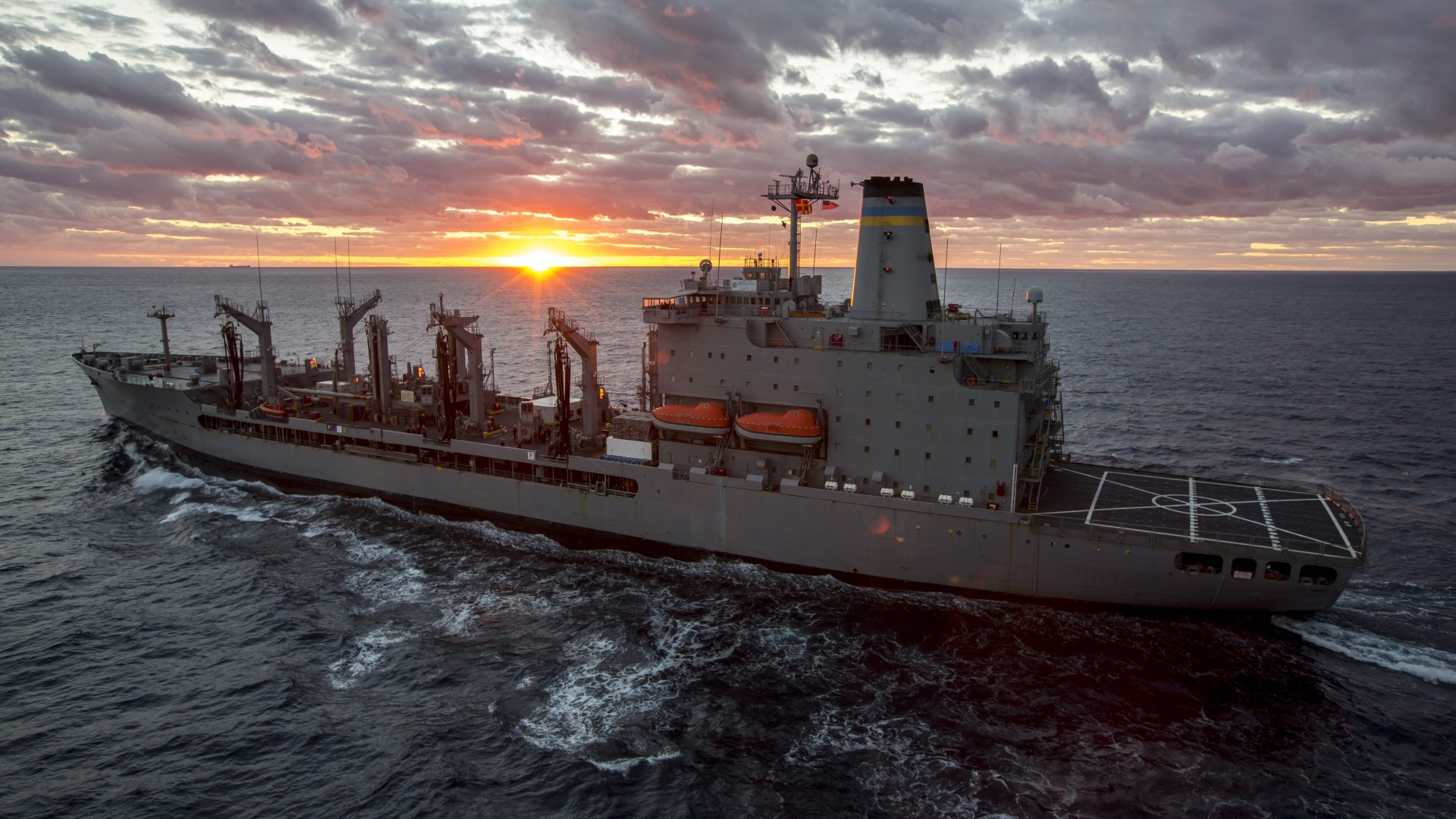 военный корабль, море, закат, USNS John Lenthall, T-AO 189, Military Sealift Command, atlantic ocean, BA14, U.S. Navy, sea, sunset (horizontal)
