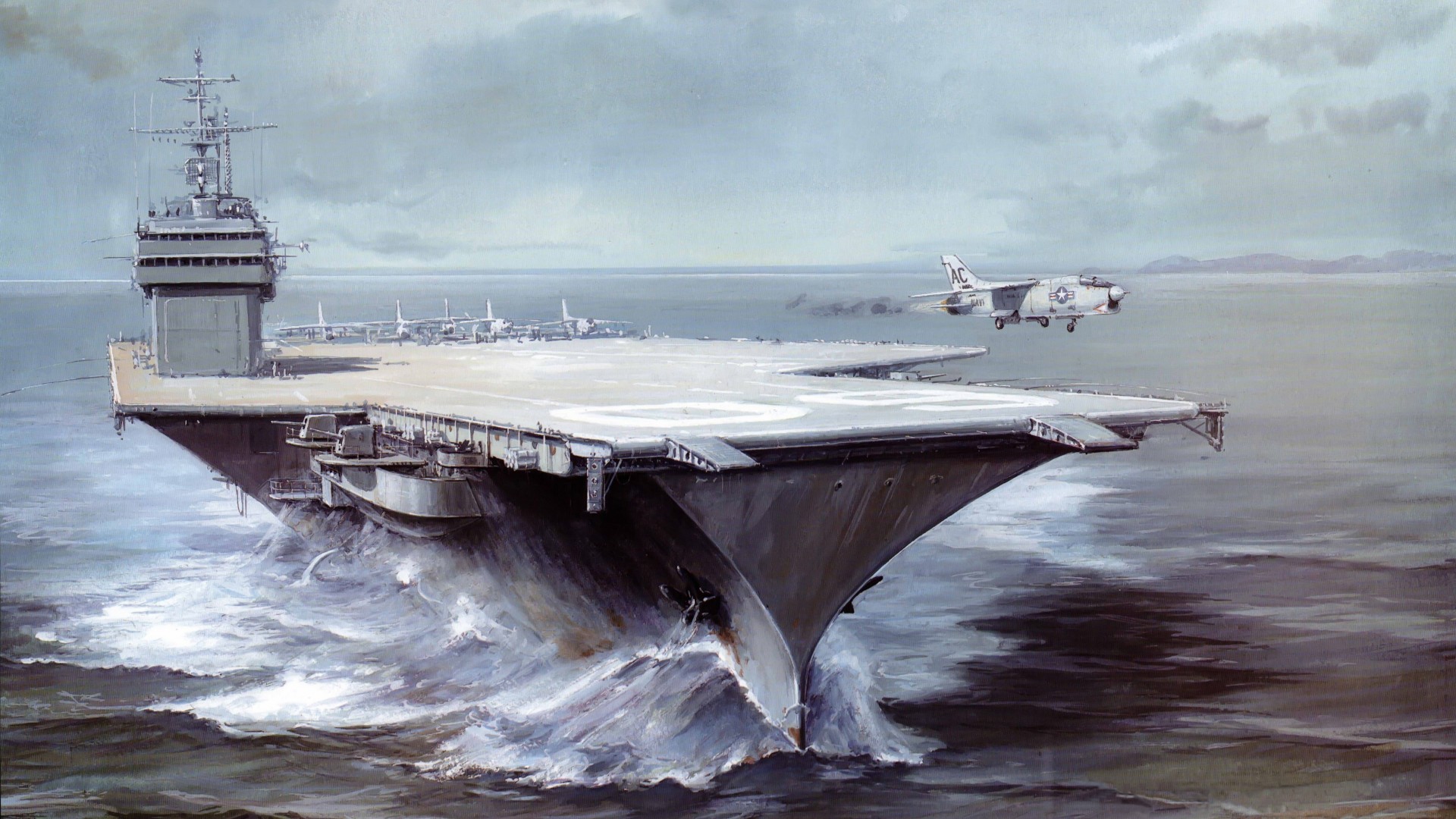 Саратога, авианосец, рисунок, арт, USS Saratoga, CVA 60, CVB-60, carrier, Forrestal-class, aircraft, art, painting (horizontal)