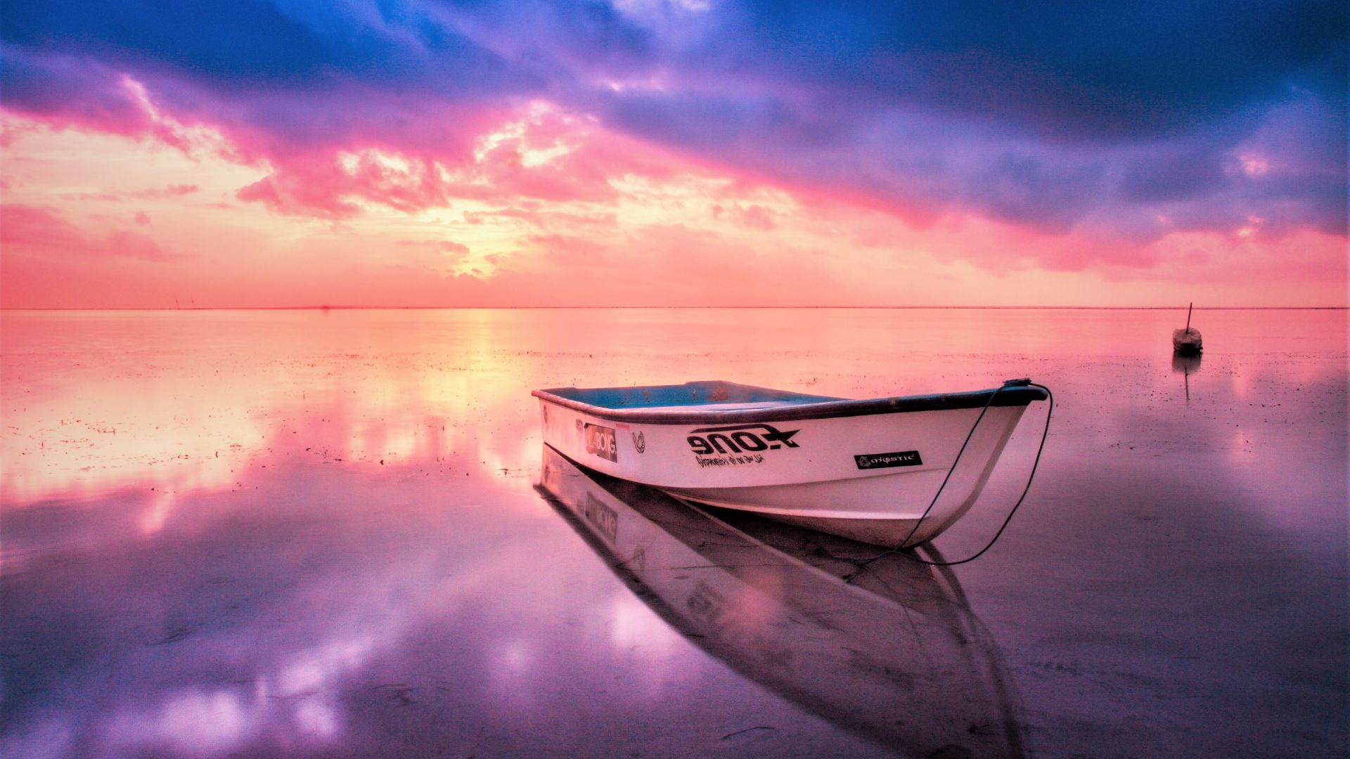 отражение, reflection, boat, sunset (horizontal)