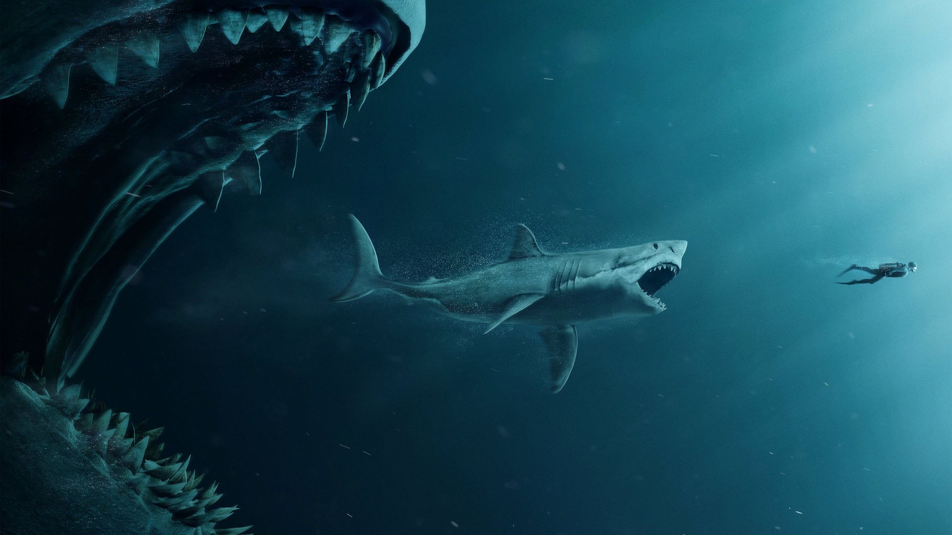 Мег: Монстр глубины, The Meg, shark, diver, 4K (horizontal)