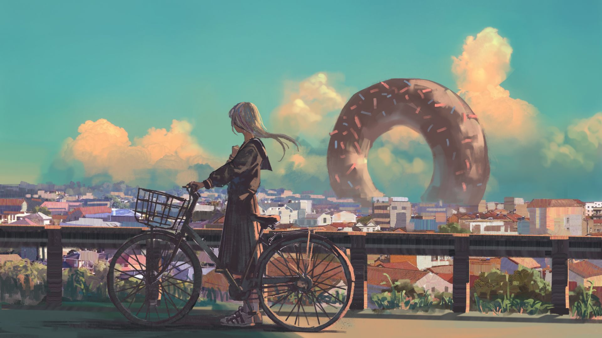 девушка, велосипед, girl, bicycle, city, 4K (horizontal)