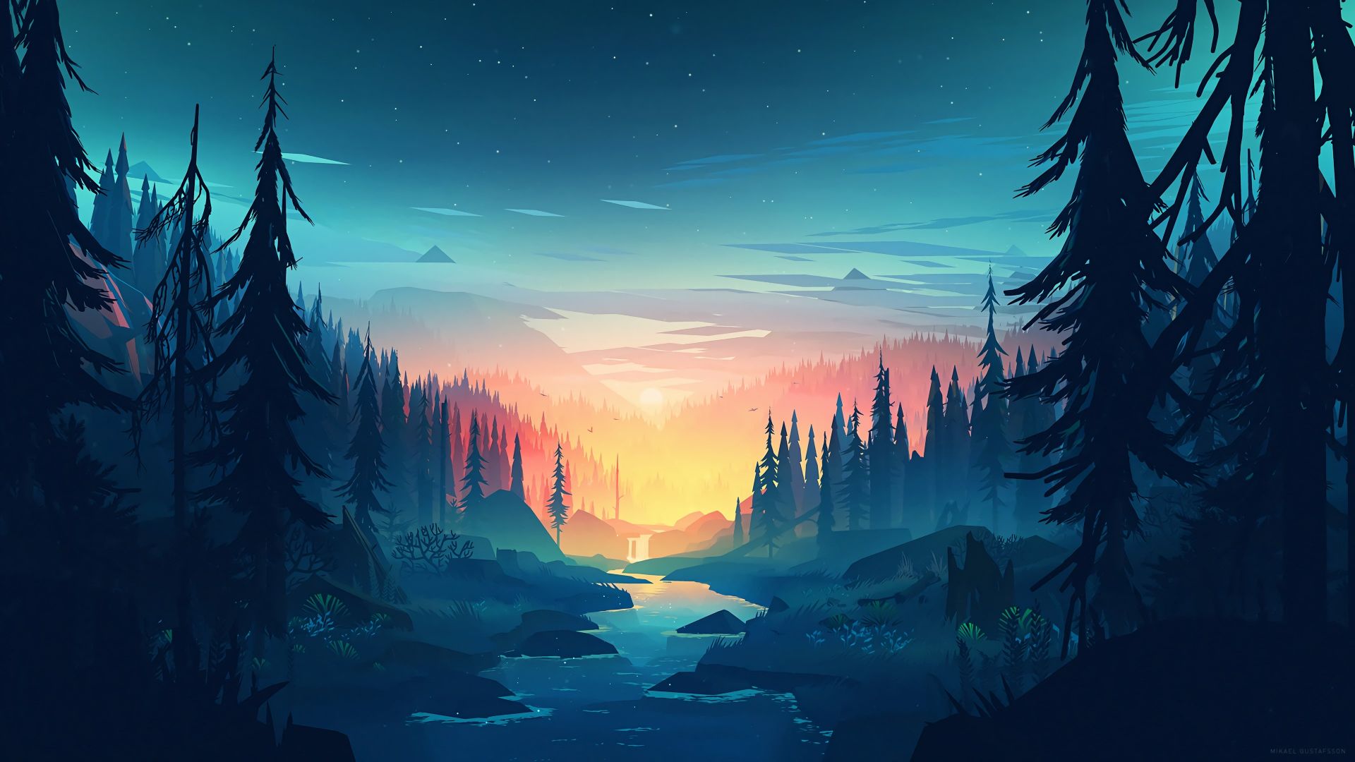 лес, закат, forest, sunset, artwork, 4K (horizontal)