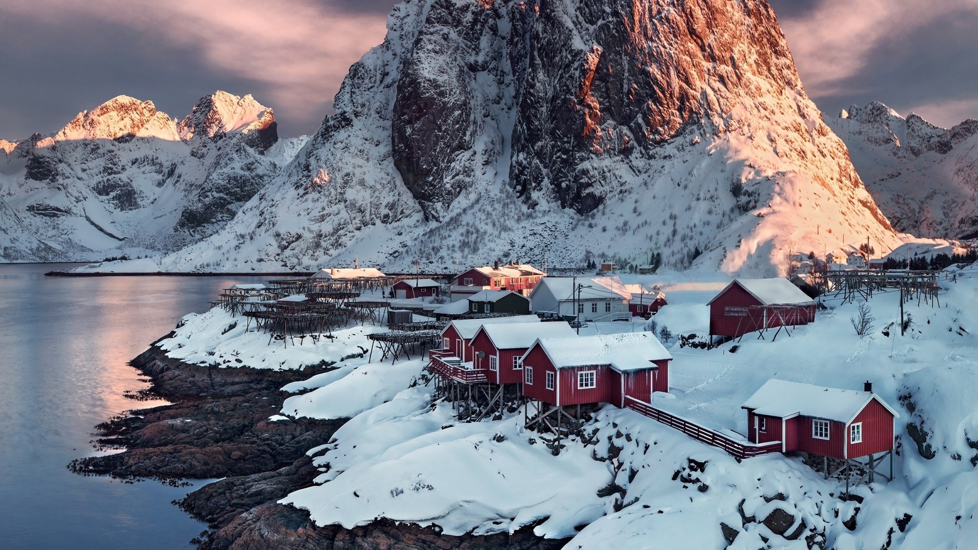 Норвегия, 4k, HD, деревня, снег, village, 4k, HD wallpaper, Hamnoy, Norway, sunset, water (horizontal)