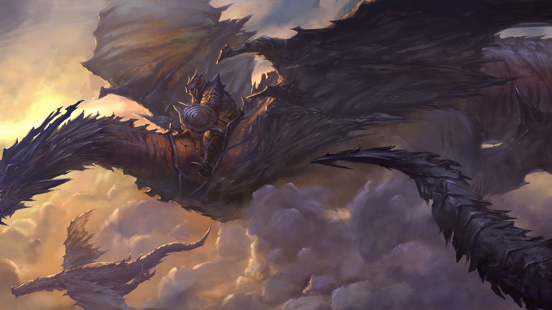дракон, небо, облака, всадник, наездник, доспехи, арт, крылья, черные, фентези, Dragon, sky, clouds, rider, armor, art, wings, black, fantasy (horizontal)