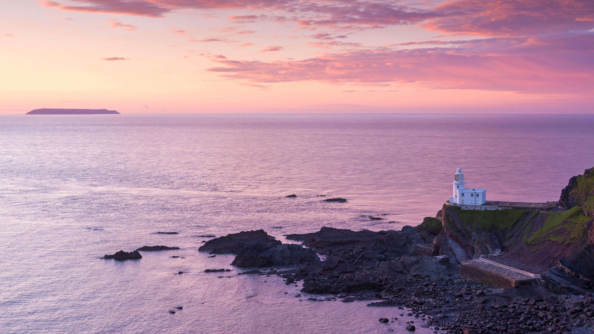 маяк, вода, закат, океан, Hartland Point, Lighthouse, Lundy Island, North Devon, sunset, water, ocean, 5K (horizontal)