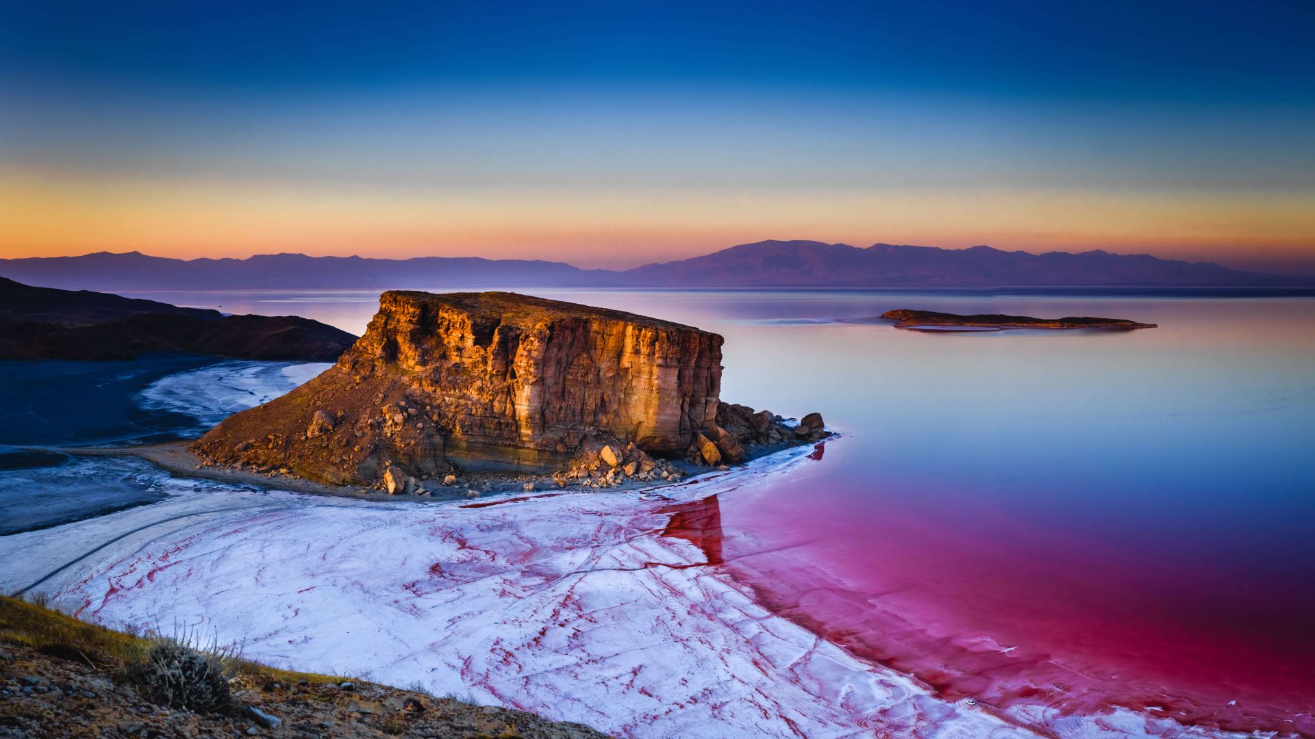 Иран, озеро, вода, восход, скала, Lake Urmia, Iran, lake, water, sunrise, rock, 5K (horizontal)