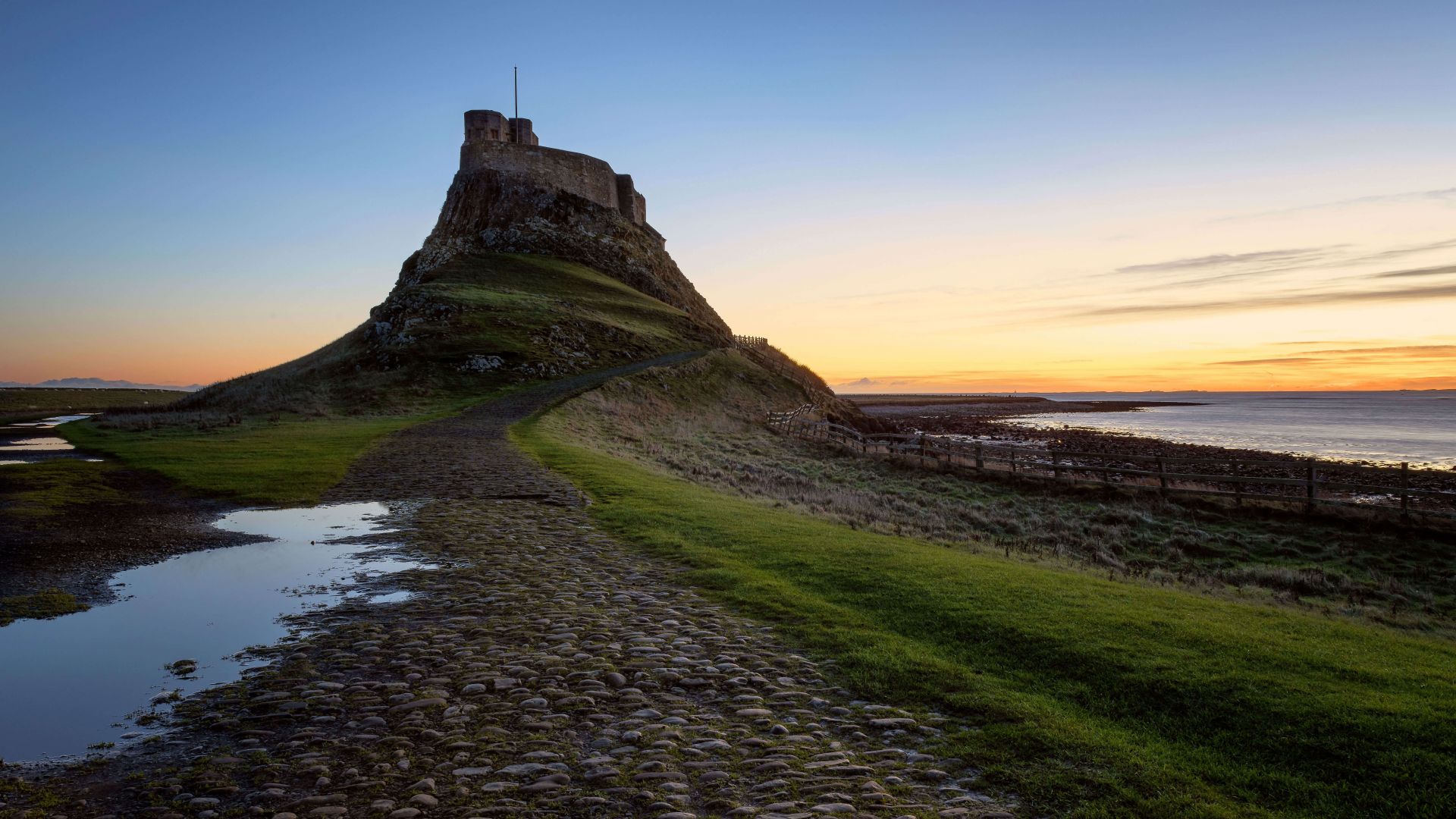 холм, восход, Lindisfarne Castle, dawn, Northumberland, England, hill, 5K (horizontal)