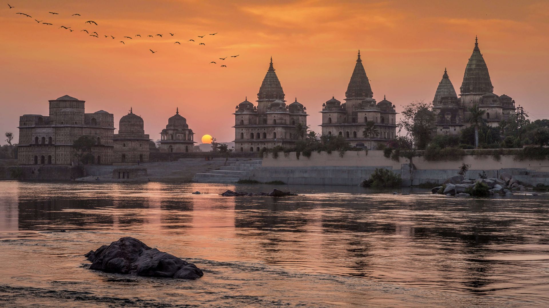 закат, река, Orchha, Madhya Pradesh, India, sunset, river, 4K (horizontal)