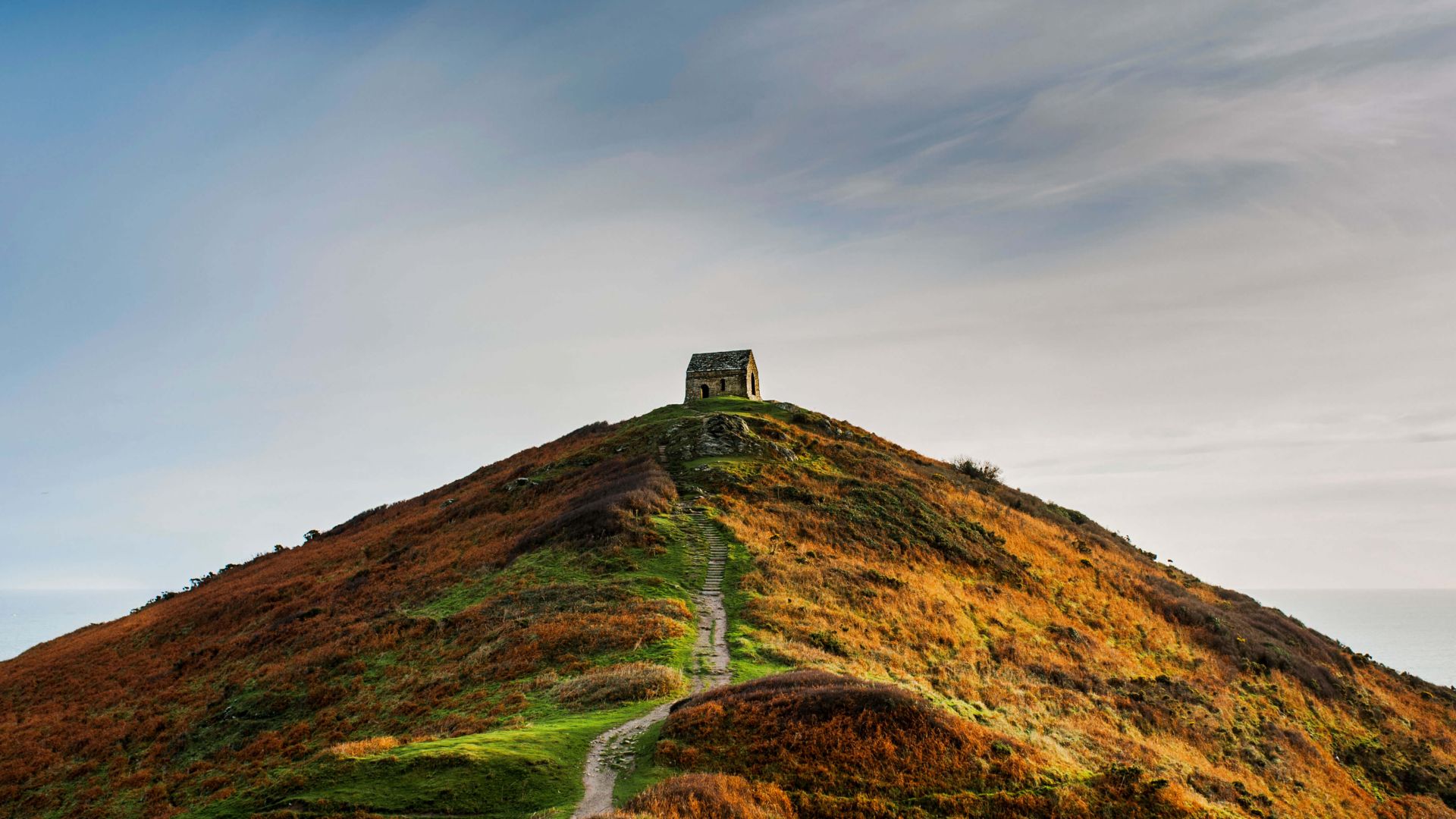 осень, зеленый, Rame Head, Cornwall, hill, green, autumn, 4K (horizontal)