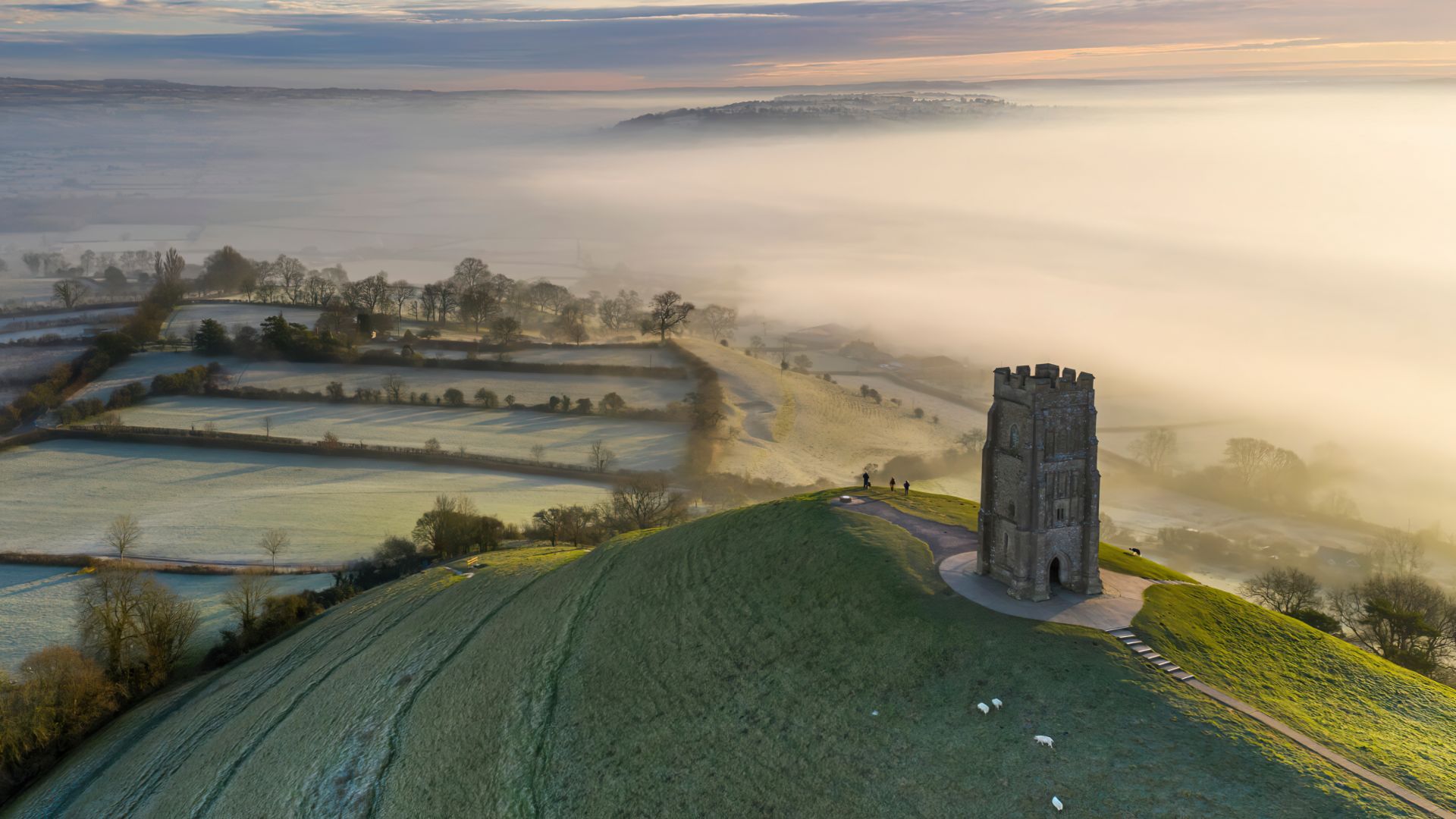утро, восход, туман, morning, frost, sunrise, fog, Glastonbury Tor, Somerset, 4K (horizontal)