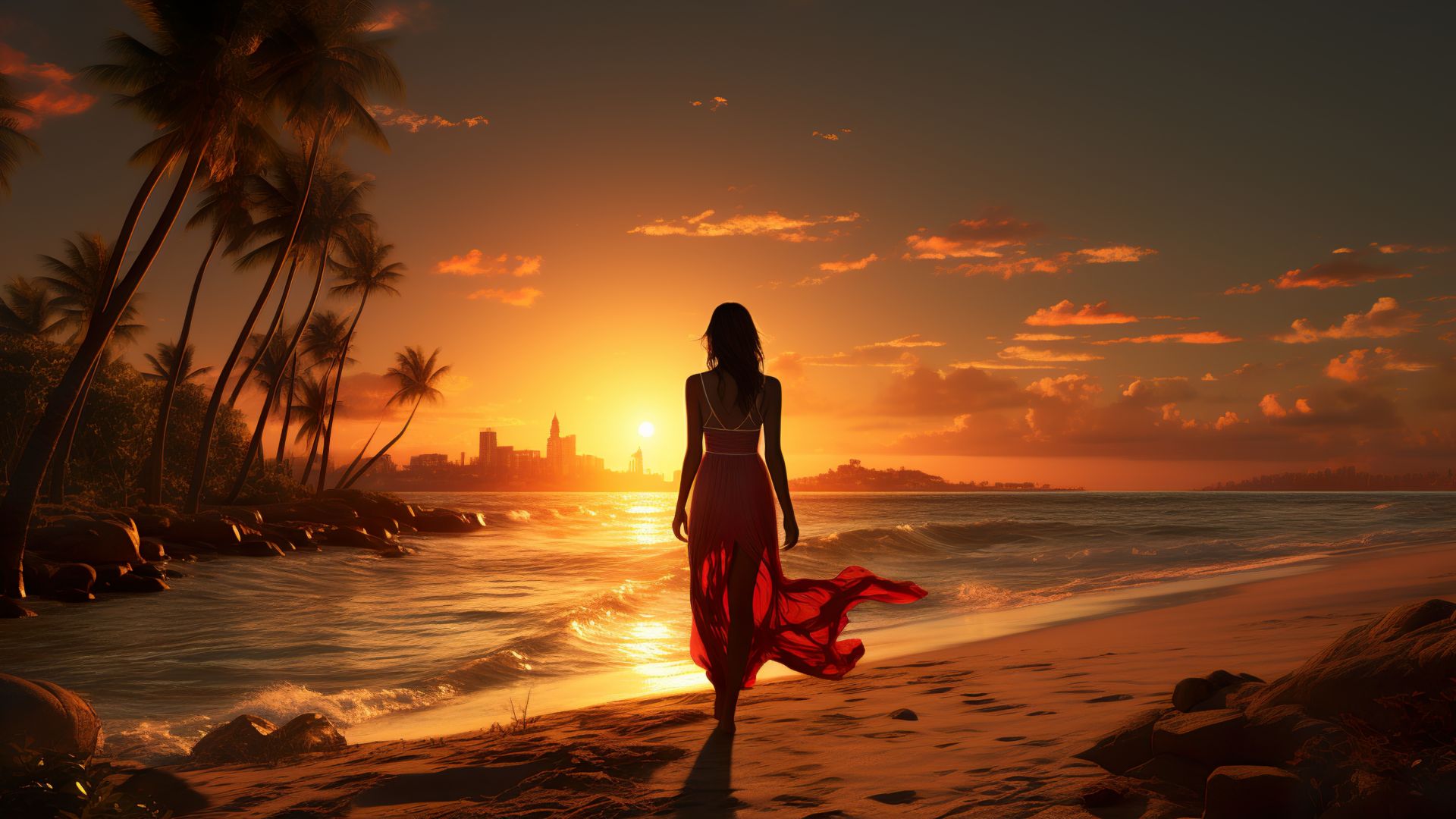 девушка, брюнетка, Майами, пляж, girl, sunset, Miami, beach, brunette, beauty, 4K (horizontal)