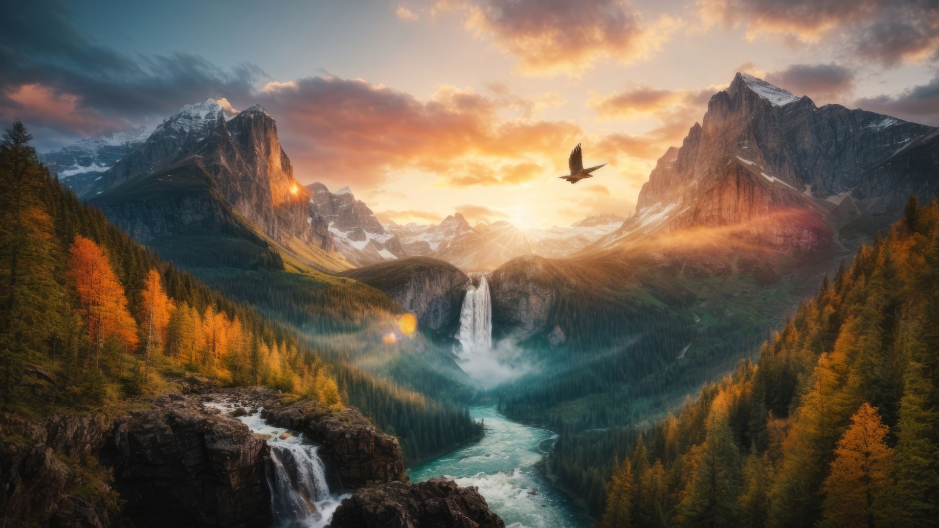 mountains, waterfall, sunset, forest (horizontal)