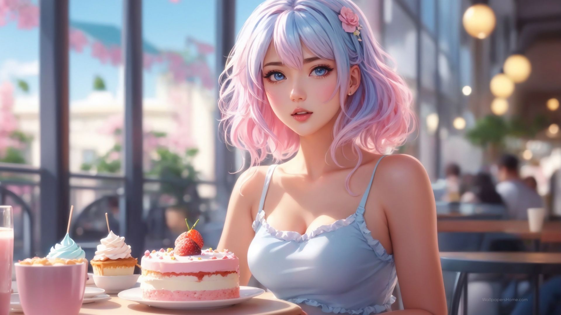 anime girl, cake, cafe (horizontal)