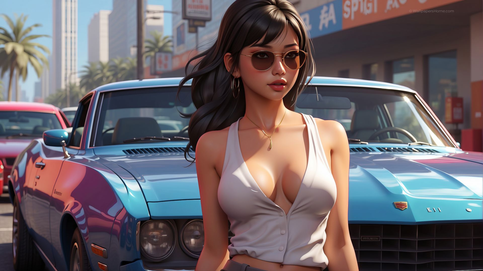 GTA 6, girl, muscle car, Vice City (horizontal)