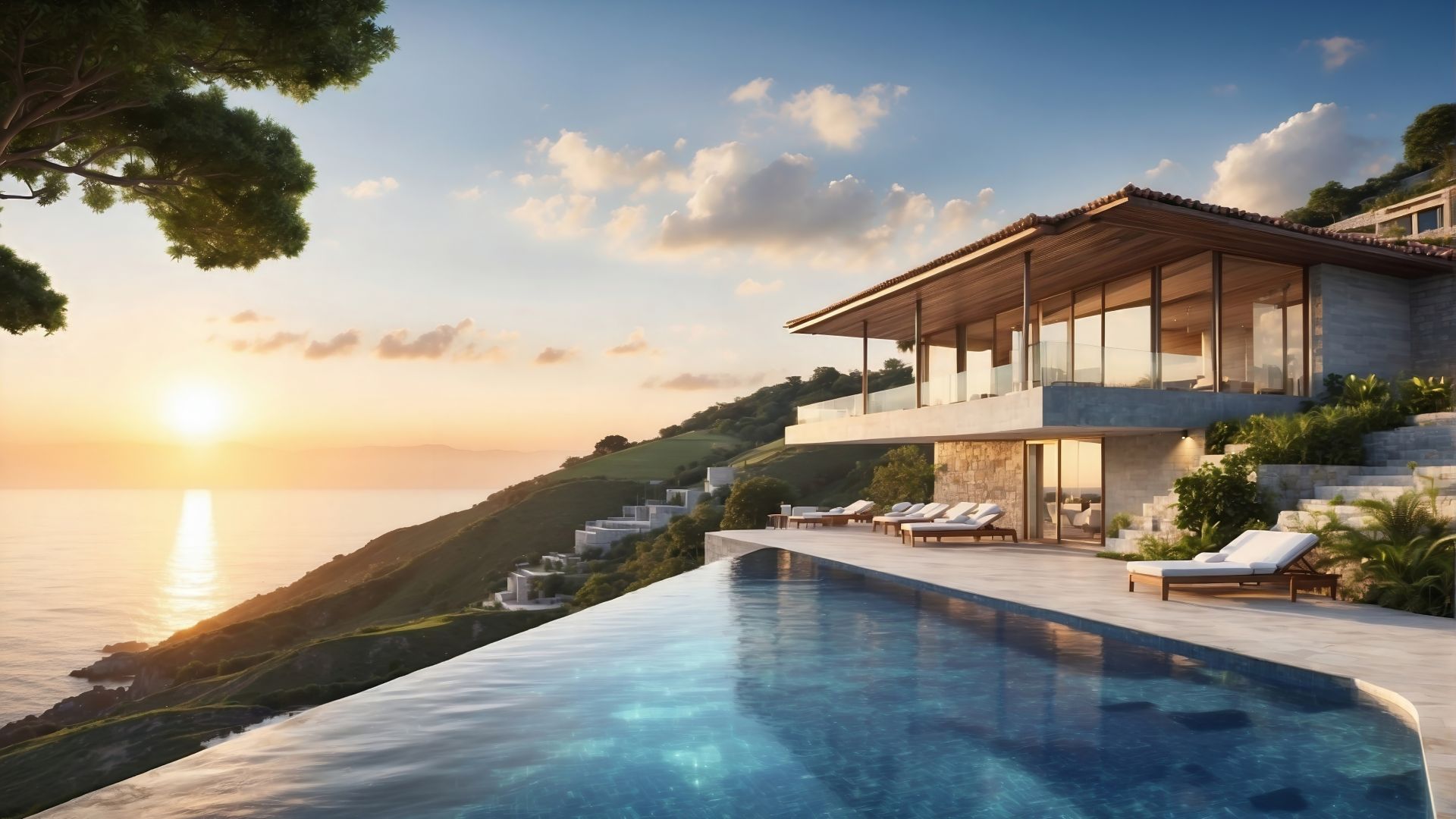 modern house, pool, sunset, sea (horizontal)