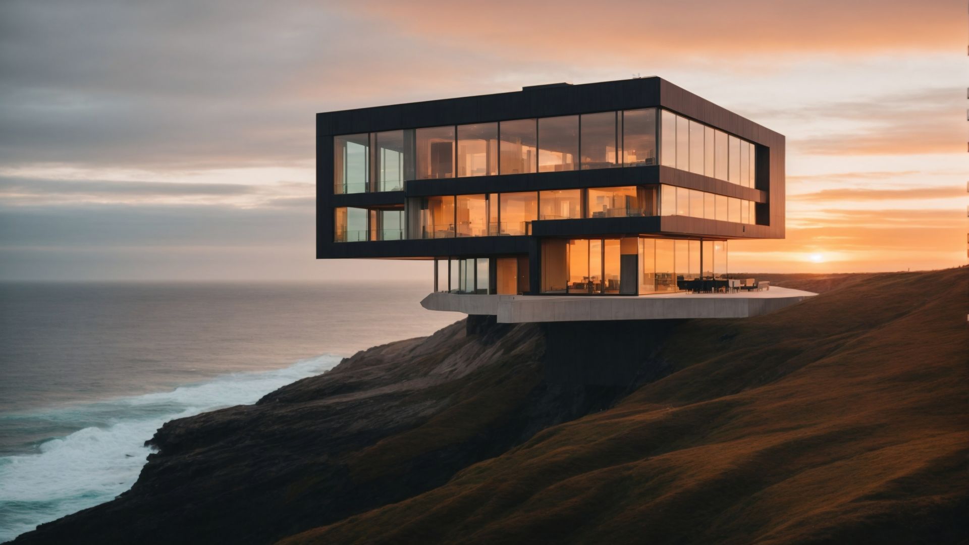 Modern house, sunset, ocean (horizontal)