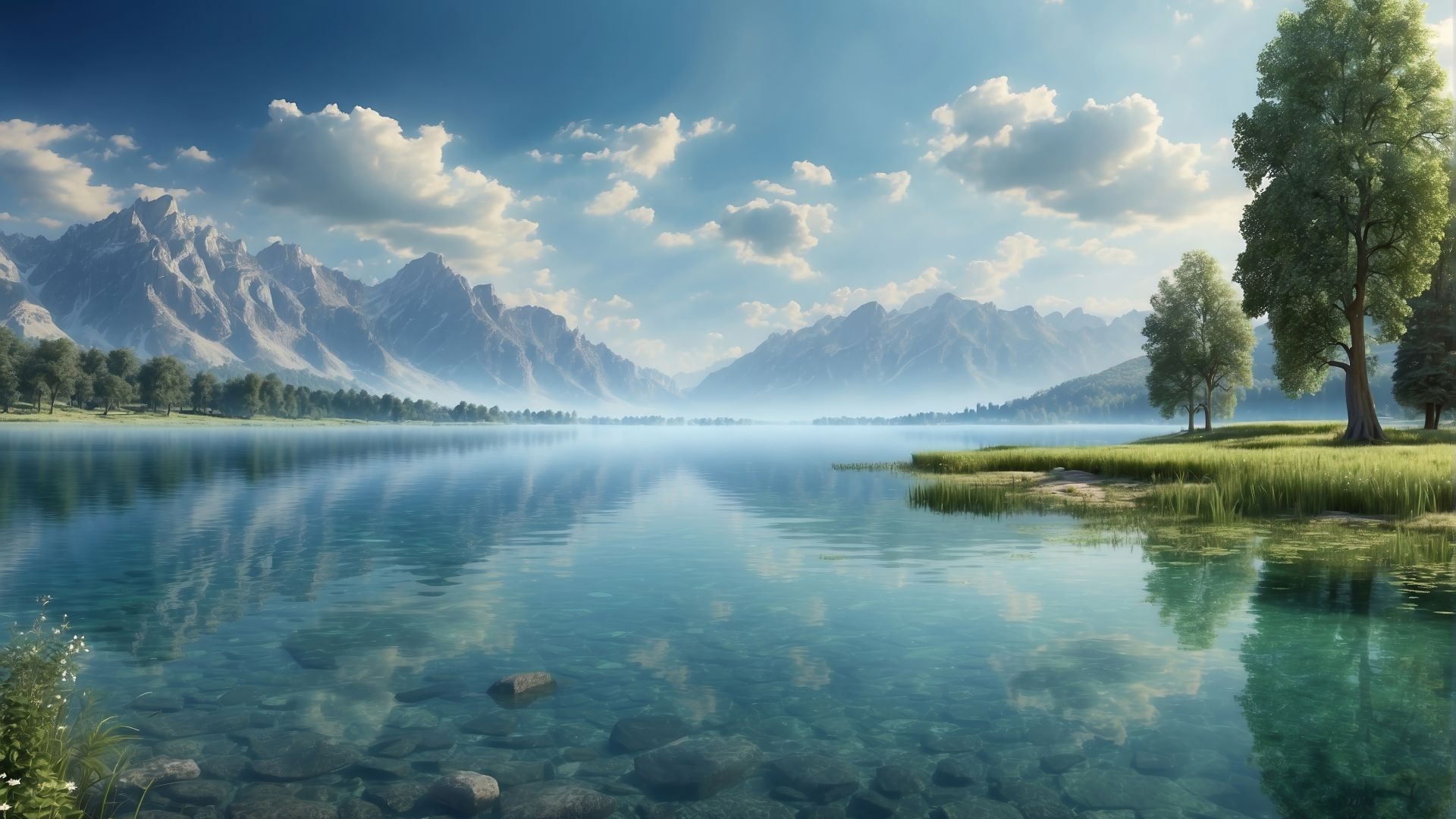mountains, lake, water (horizontal)