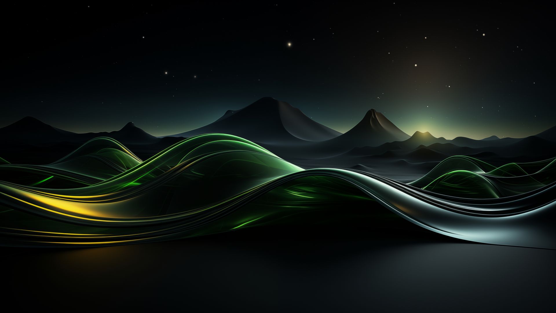 mountains, waves, black, green (horizontal)